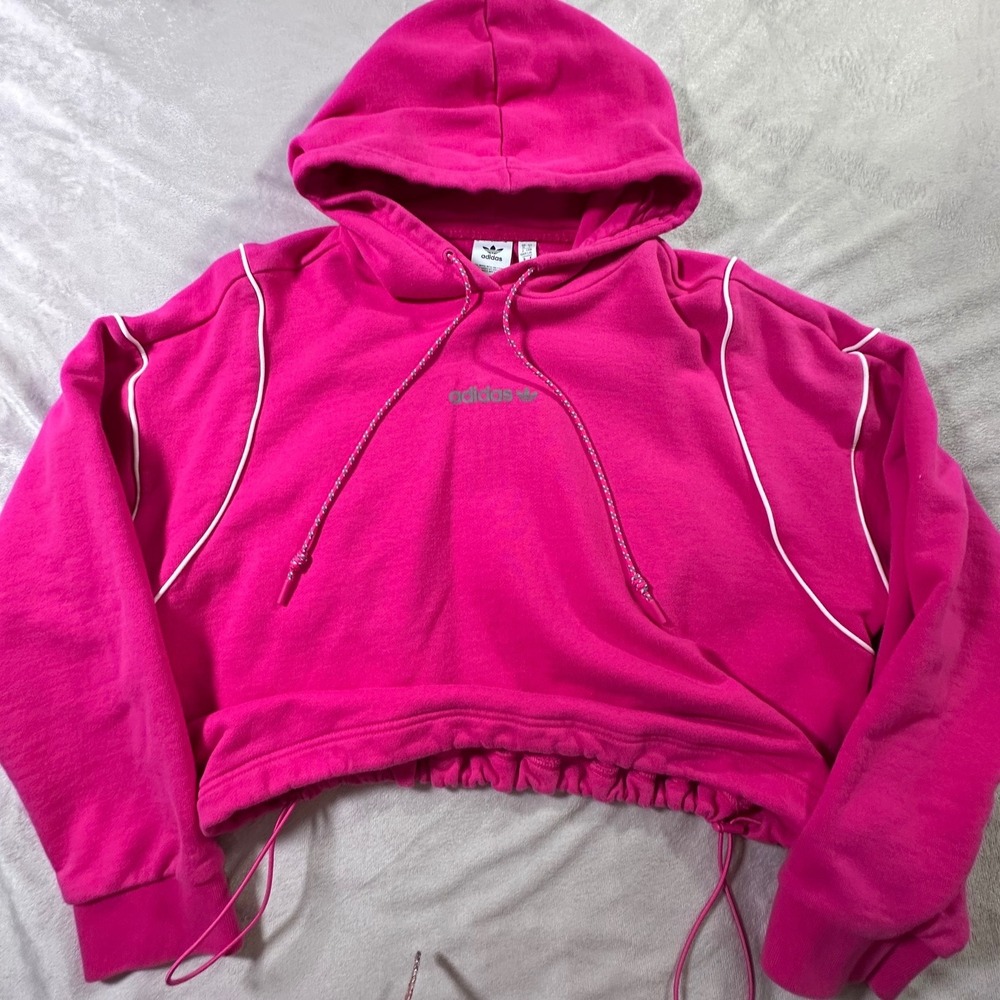 Adidas Originals Womens Pink Cropped Hoodie Sweatshirt Adjustable Hem Size L